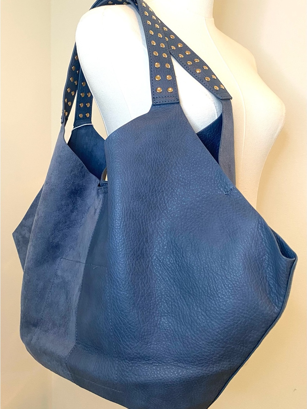 Shiraleah Blue Hobo Tote Bag with Studded Strap, Suede & Faux Leather - Picture 5 of 11